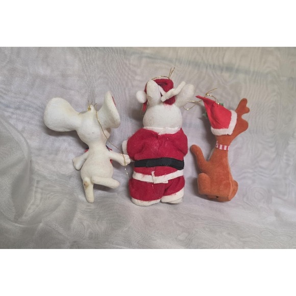 Vtg MCM Flocked Felt Christmas Ornaments Lot 3 Santa Bear Mouse Reindeer Holiday - Picture 2 of 5